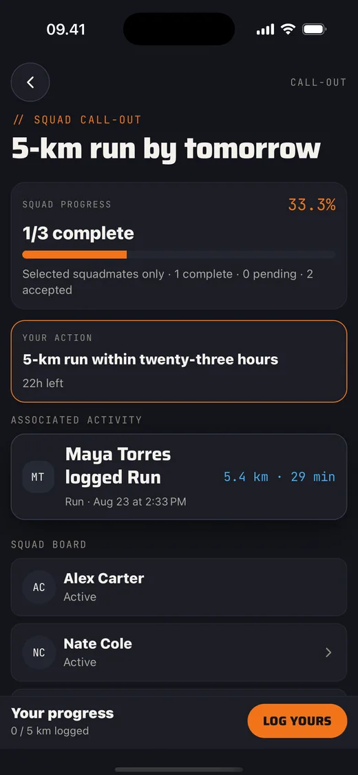 Gotta squad Call-Out with a target, deadline, and progress