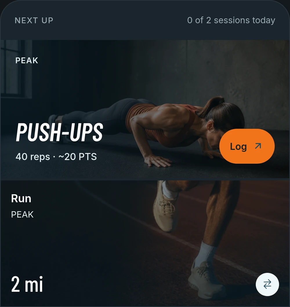 Gotta's Next up plan shows push-ups with running as an alternative activity.