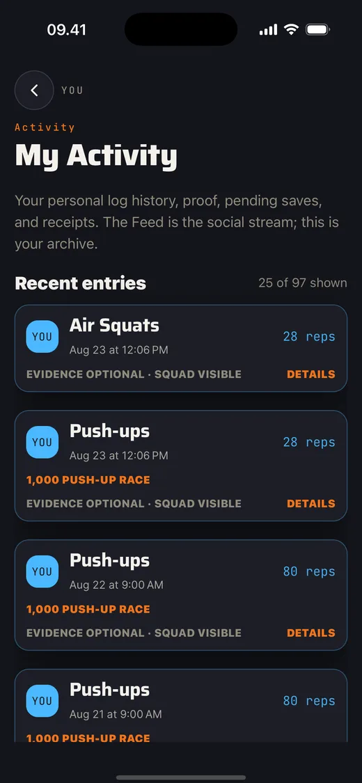 Gotta My Activity log showing measurable entries with challenge credit