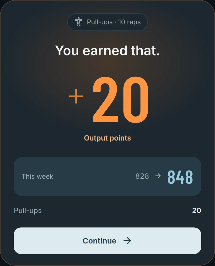 A logged set of 10 pull-ups earns 20 Output Points.