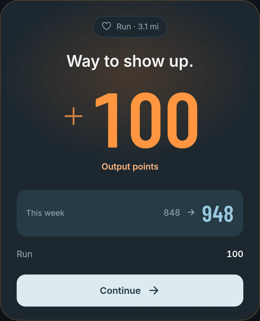 A logged 3.1-mile run earns 100 displayed Output Points.