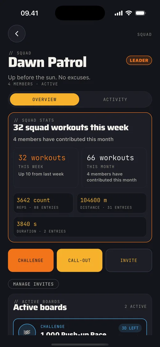 Gotta squad overview showing weekly workouts and an active challenge board