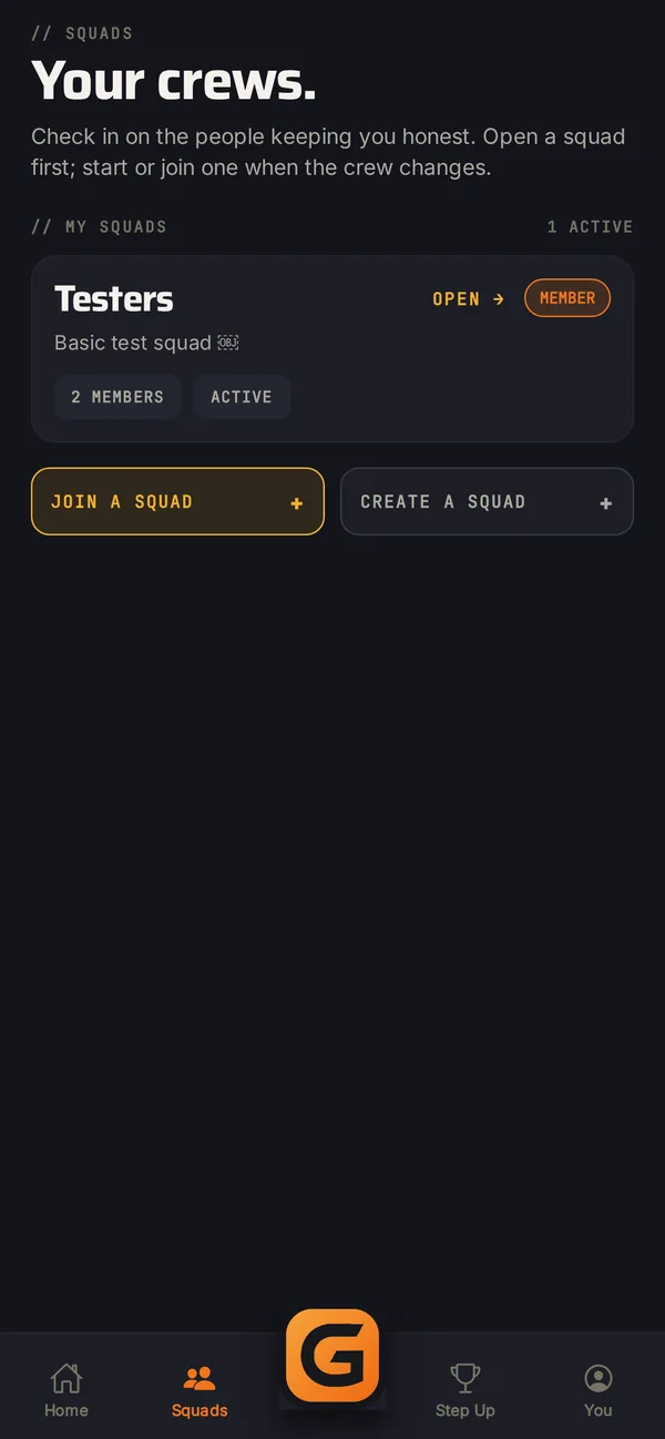 Gotta Squads screen showing a private crew